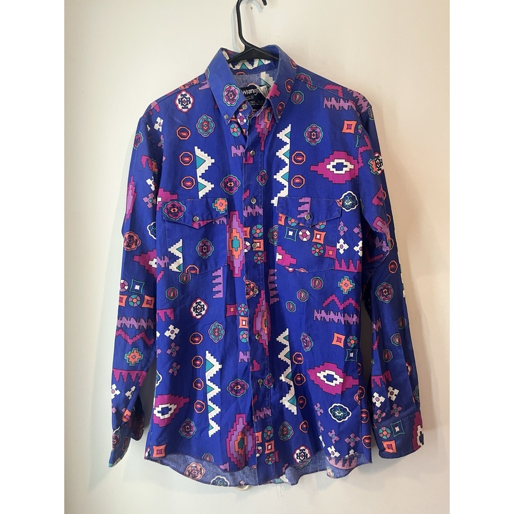 Vintage Wrangler Brushpopper Cowboy Cut Button Down Shirt Western Aztec 15 -‎ 34